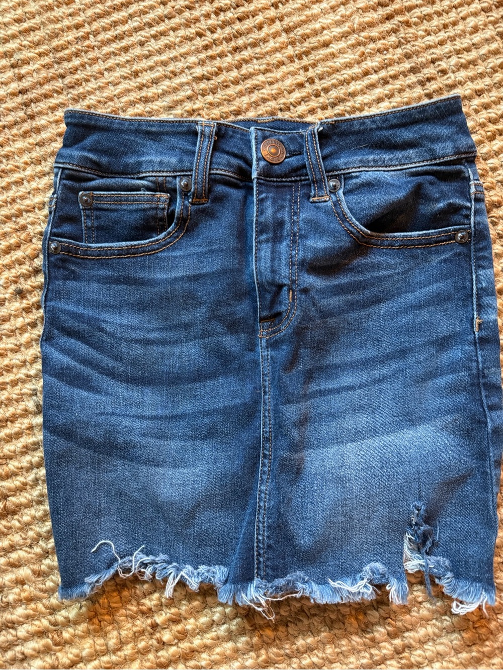 American Eagle Outfitters Dark Blue Denim Mini Skirt with Frayed Hem